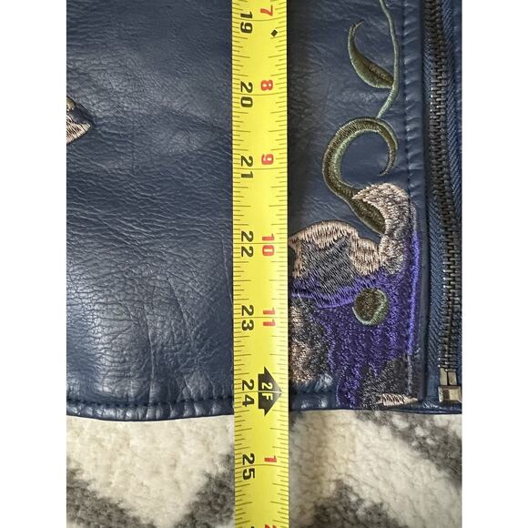 COLLEEN LOPEZ Blue Faux Leather Floral Embroidered Studded Zip Moto Jacket Sz XL - Picture 14 of 14